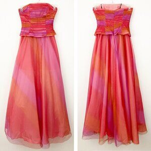 Delaru Pink Orange Strapless Ruched Tulle Maxi Dress Size 5/6 Prom Formal Y2K